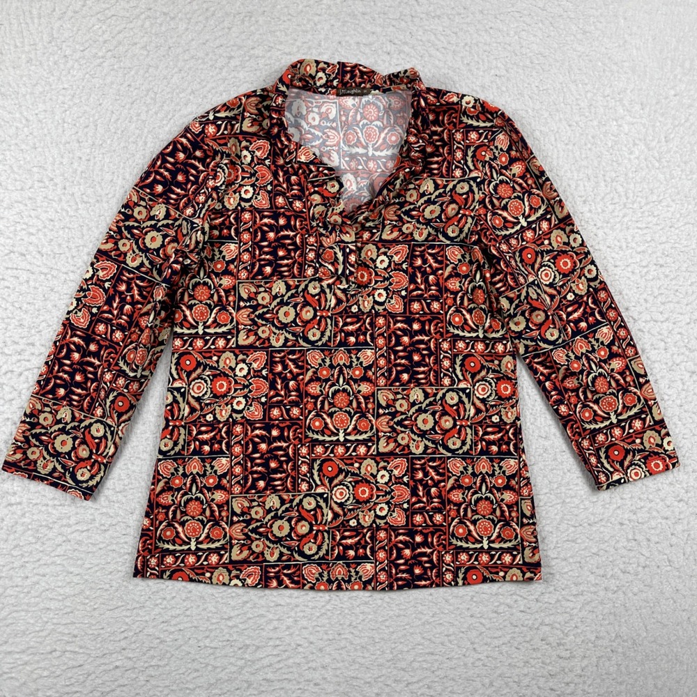 J.McLaughlin Blouse Womens Medium Red Navy Floral Tile Catalina Cloth 3/4 Sleeve